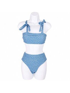 SHEIN Bikini Set S Blue Polka Dot Tie Bow High Waist Ruched Retro Coquette